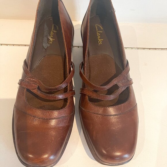 Clarks Shoes - Clarks Mary Jane Leather Brown Double Strap Pump Heel Women Size 8.5M